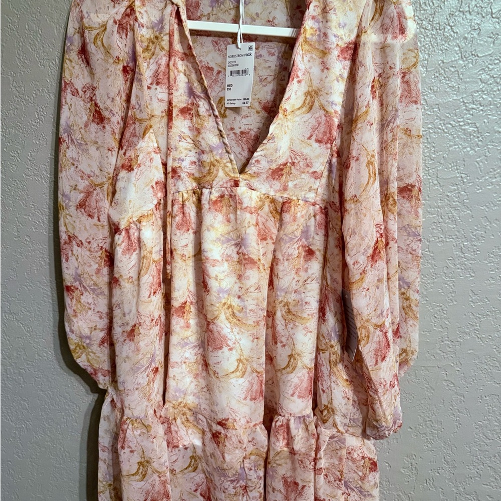 Golden Rose V-Neck Ruffle Sheer Dress